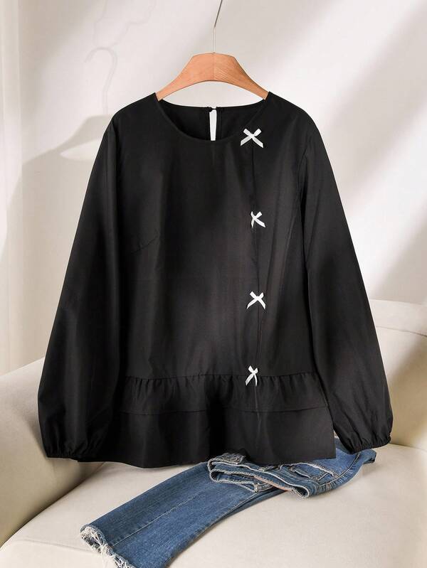 CosyJoli Plus Size Women's Round Neck Contrast Color Bowknot Design Ruffle Hem Long Sleeve Blouse, Casual Office Wear, Black