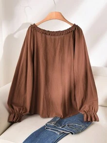 CosyJoli Plus Size Women Frill Trim Round Neck Long Sleeve Casual Brown Shirt, Versatile For Daily Wear/Fall/Winter - Brown - View 2