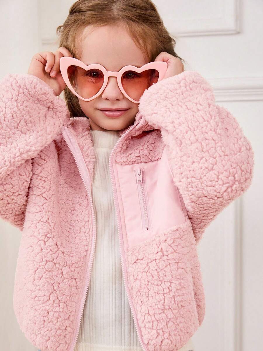 Cozy Pixies 秋冬少女拼色连帽厚羊毛开衫 - 粉色 - 查看 1