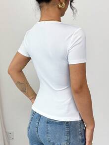 INAWLY 性感合身领口金属纽扣罗纹休闲短袖女式 T 恤 - 白色 - 查看 2