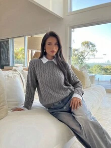 Aloruh Women's Autumn/Winter New Arrival College Style Cable Gray Twist Knit Loose Fit Crew Neck Sweater,Fall - Dark Grey - View 7