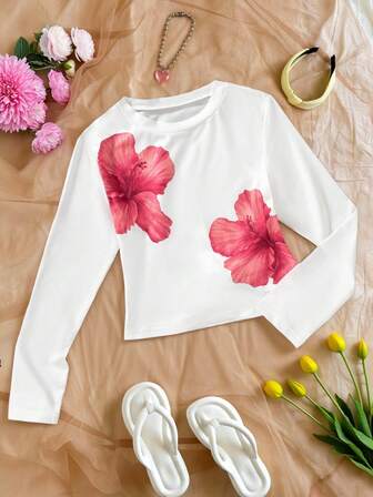 Tween Girls' Casual Floral Print Long Sleeve T-Shirt, Autumn Fall Winter