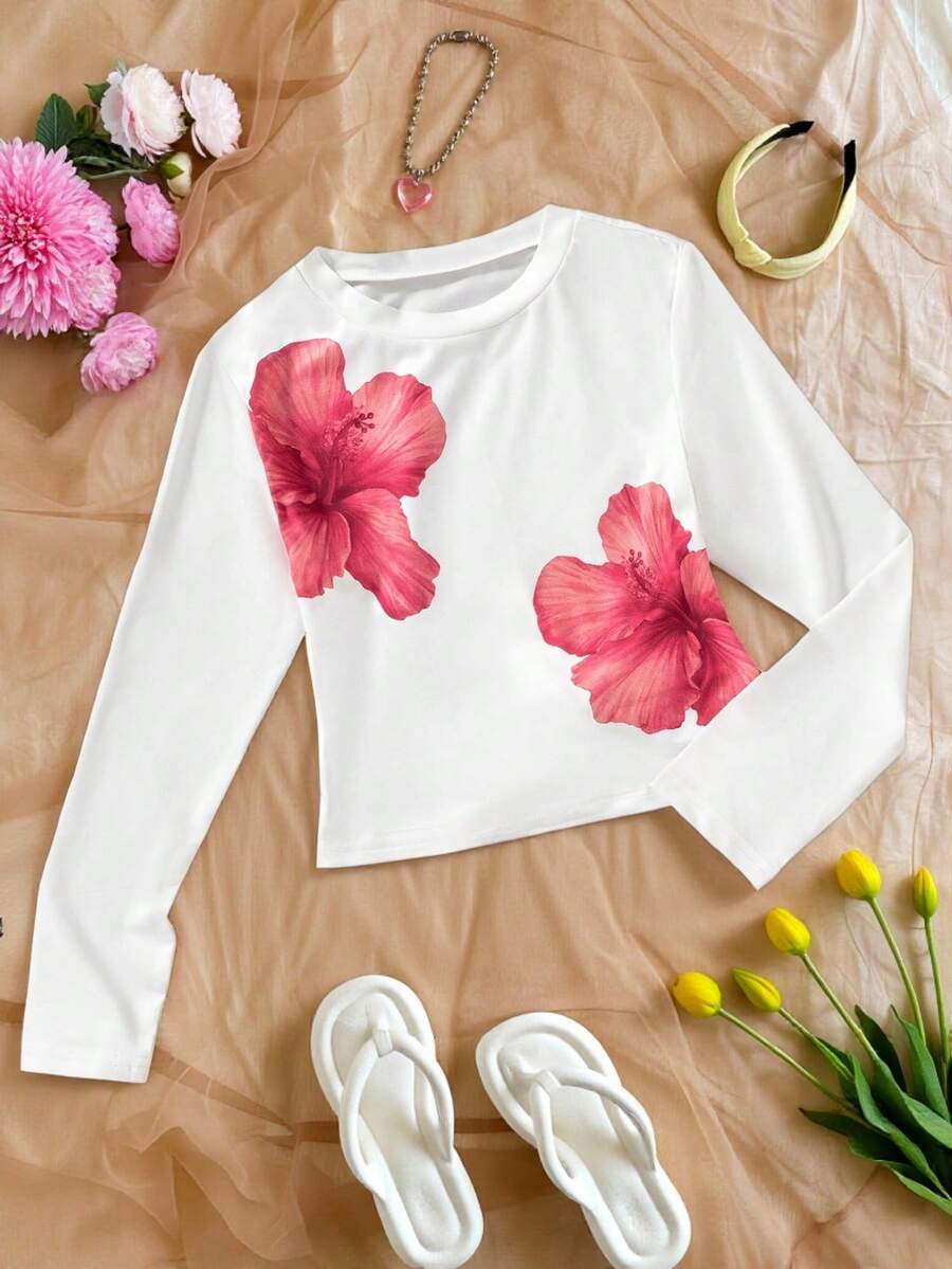 Tween Girls' Casual Floral Print Long Sleeve T-Shirt, Autumn Fall Winter