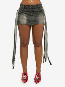 SUMWON WOMEN Cotton Rhinestone Studded Denim Mini Skirt With Tassel Fringe Details For Festival Party Club - Black - View 5