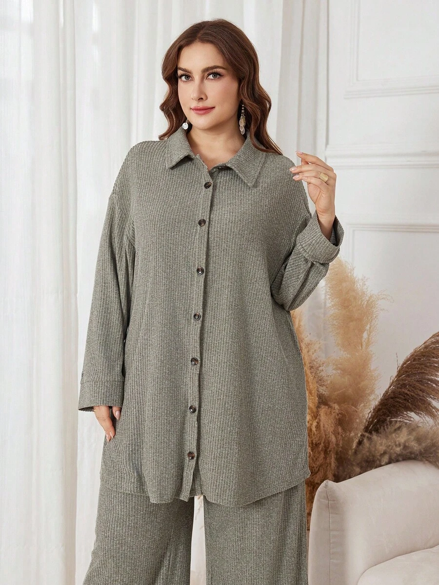 Lacomfia Plus Size Women Casual Two Pieces Set: Dropped Shoulder Long Sleeve Single-Breasted Top And Wide Leg Pants, Autumn - Grey - View 1