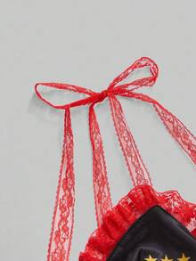 ROMWE Avant Avant Y2K 撞色蕾丝抽绳褶饰女式吊带背心 - 黑色 - 查看 4