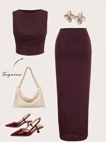 SHEIN Tall 女士纯色针织无袖背心+长裙，夏季休闲装 - 咖啡棕 - 查看 1