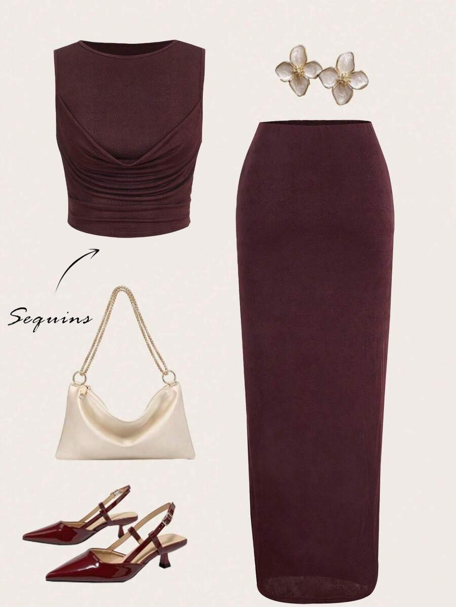 SHEIN Tall 女士纯色针织无袖背心+长裙，夏季休闲装 - 咖啡棕 - 查看 1