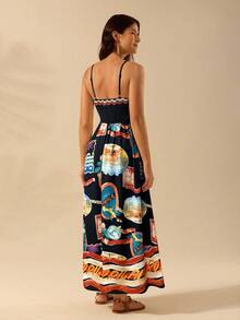 CAJUNI 女式波西米亚风热带印花度假休闲长吊带连衣裙，夏季 - 黑色 - 查看 2