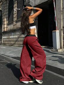 Coolane 女士四季皆宜的演唱会街头风 Y2K 复古外出酒红色阔腿裤 - 酒紅色 - 查看 5