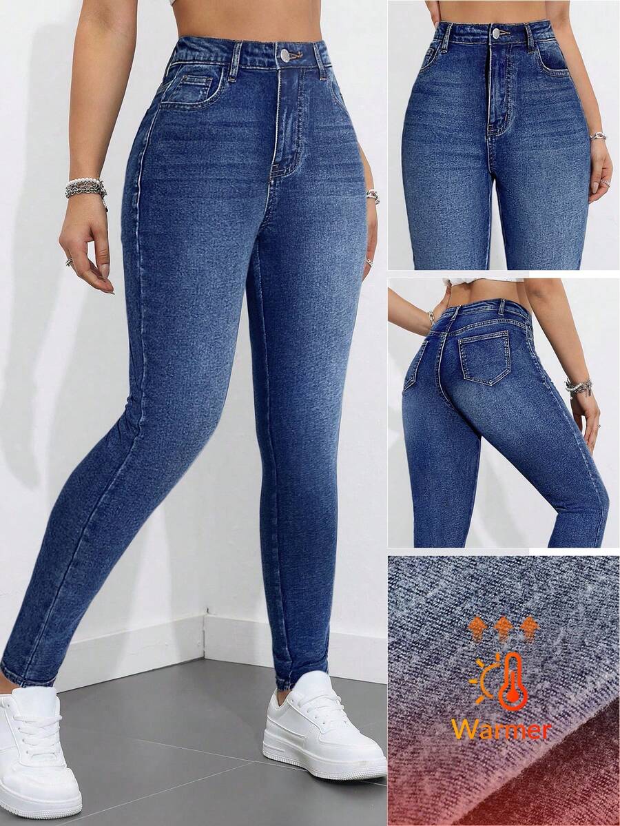 SHEIN Teen Girl Blue Denim Thermal Lined Elastic Skinny Cropped Jeans,Casual And Fashionable Vacation Outfits,Winter Clothes Fall - Dark Wash - View 1