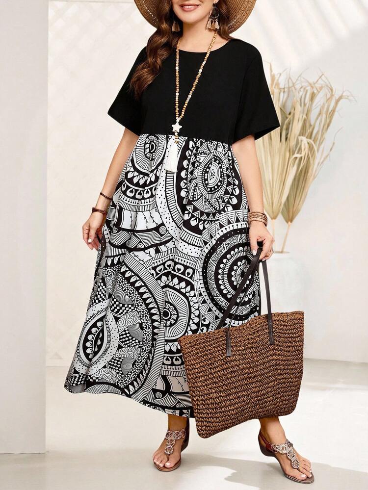 Plus Size Women's Summer Printed Spliced Dress,Beach Dress Sundress,Holiday Outfits Boho