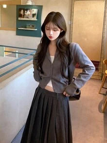 DAZY Chân váy xếp ly màu trơn dành cho nữ, kiểu dáng thường ngày, thích hợp cho mùa thu. - Xám - Xem 6