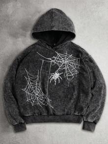 PAVTROS 男士街头时尚蜘蛛网印花哥特式垃圾摇滚万圣节连帽衫，秋季 - 黑色 - 查看 1
