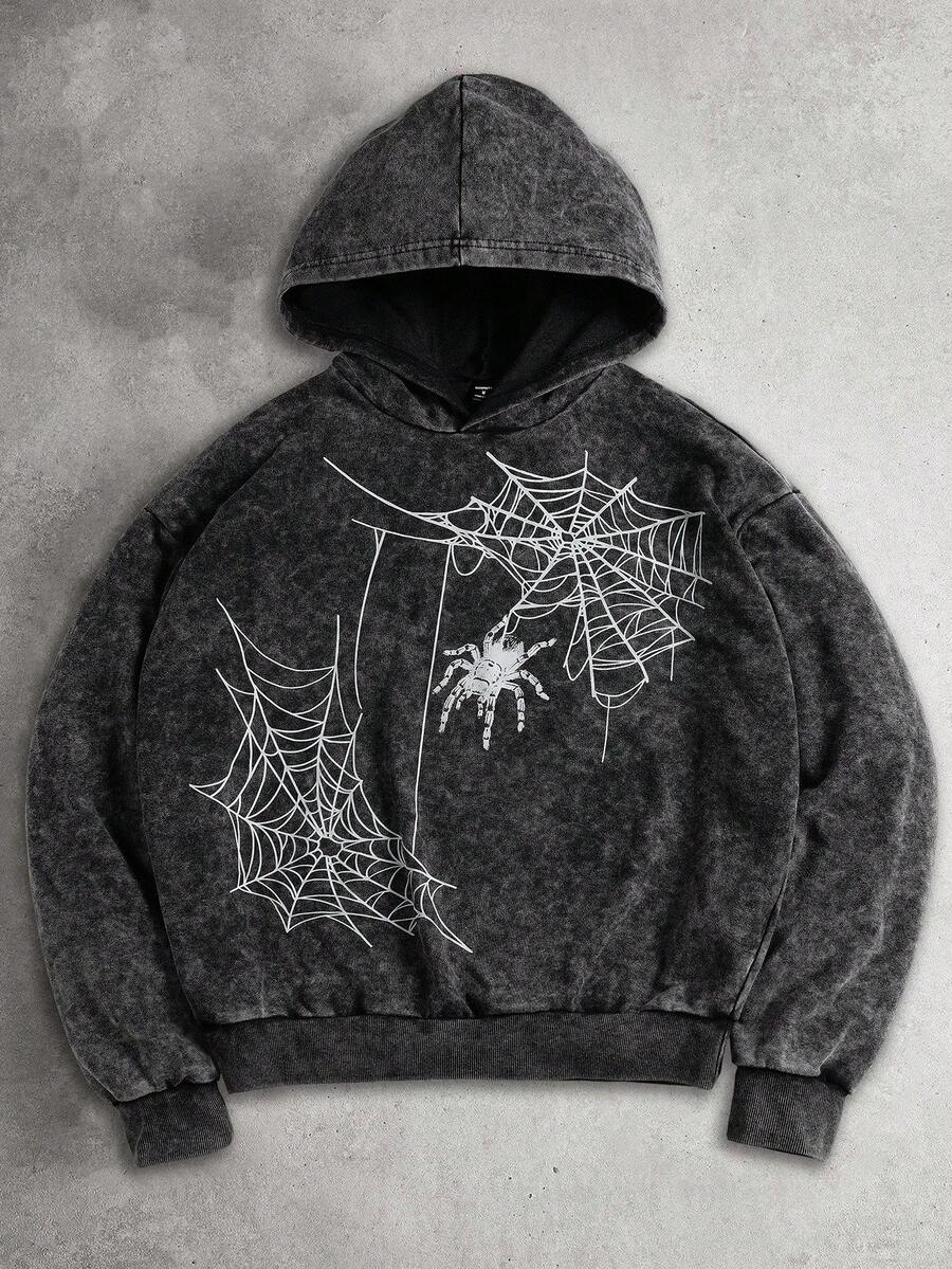 PAVTROS 男士街头时尚蜘蛛网印花哥特式垃圾摇滚万圣节连帽衫，秋季 - 黑色 - 查看 1