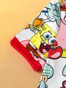 SpongeBob SquarePants | SHEIN 2 pièces/Set Top à manches courtes col rond et pantalon motif dessin animé jeune fille. Ensemble pyjama tricoté décontracté - Multicolore - Voir 4