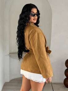 SHEIN SXY Elegant Casual Overcoat With Belt, Autumn/Winter, Brown - Khaki - View 2
