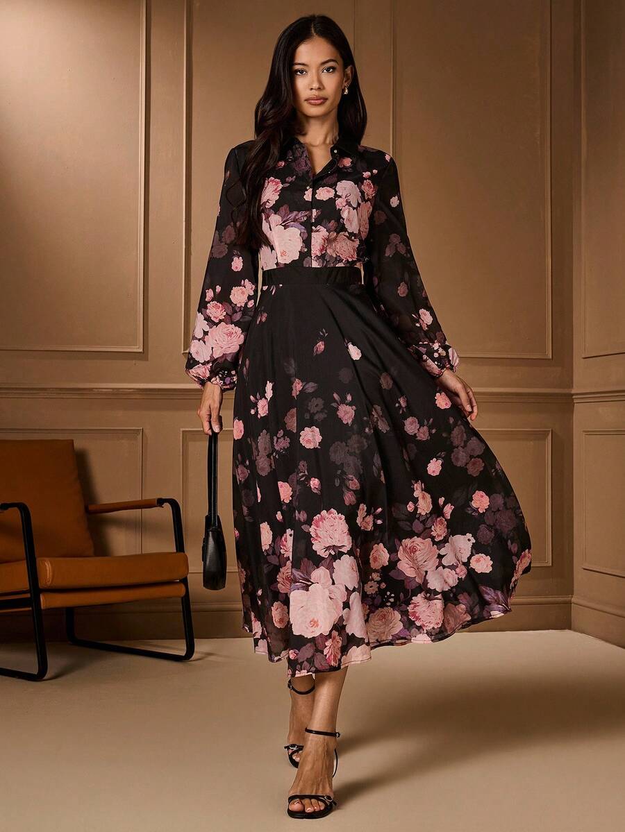 Lilora 女士休闲通勤花卉印花连衣裙秋季女士服装优雅端庄办公室工作、活动、日常、度假女士花卉中长连衣裙优雅花卉连衣裙女士优雅长袖花卉连衣裙长袖优雅连衣裙花卉长袖连衣裙 - 彩色 - 查看 1