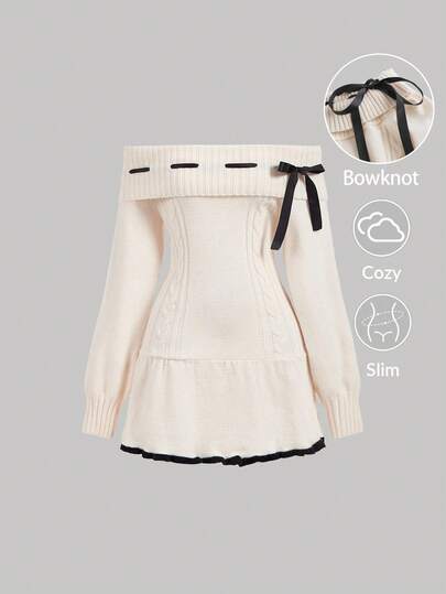 SHEIN MOD Vestido de suéter de manga larga con hombros descubiertos, lazo jacquard de color albaricoque y negro, vestido de graduación, vestidos elegantes para mujer, atuendos de mujer para el aeropuerto, disfraces de Catwoman, vestido formal corto, ropa de otoño, vestidos de fiesta para mujer