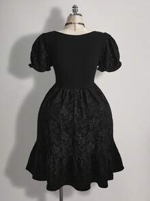 SHEIN ICON Plus Size Vintage Y2K Floral Jacquard Puff Sleeve Ruffle Hem Midi Dress - Black - View 2