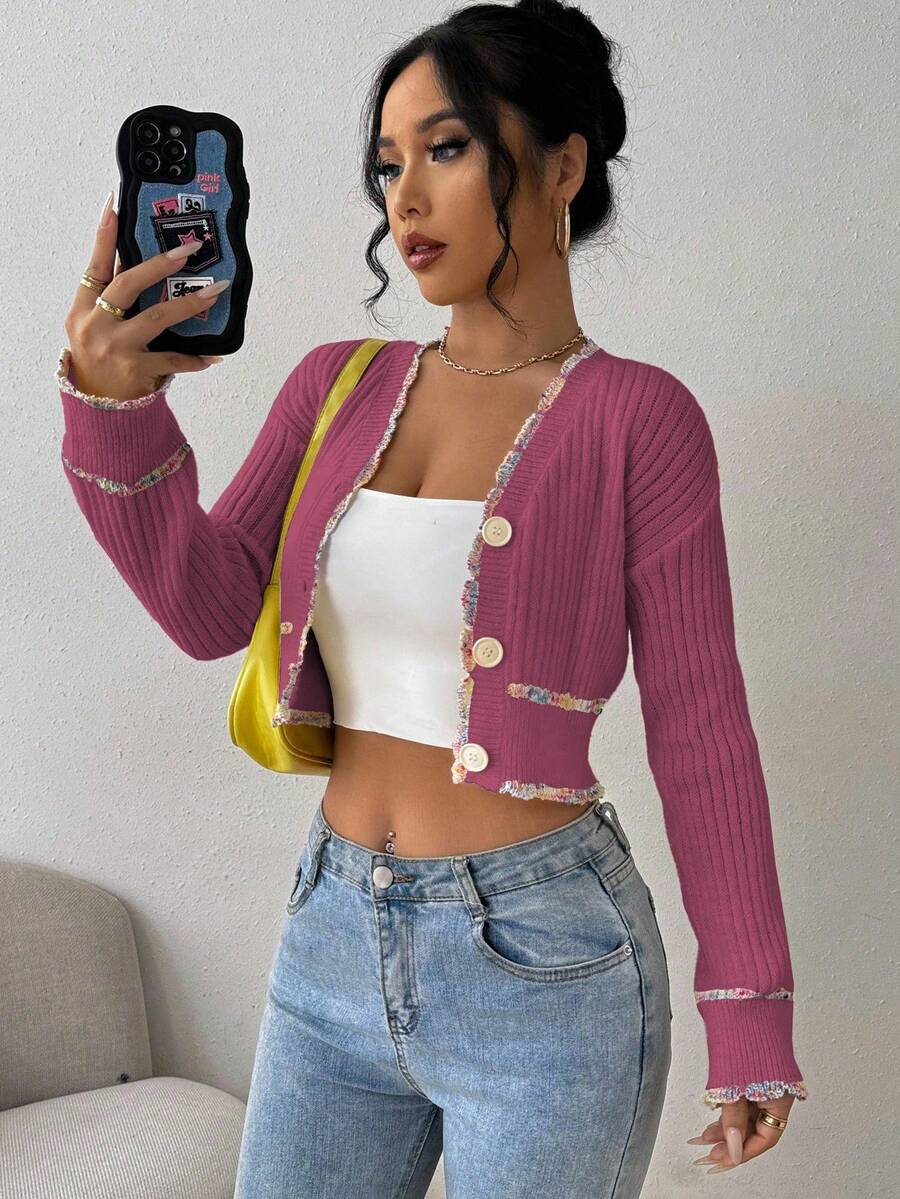 EMERY ROSE 女士优雅撞色饰边短款开衫 - 中紫紅色 - 查看 1