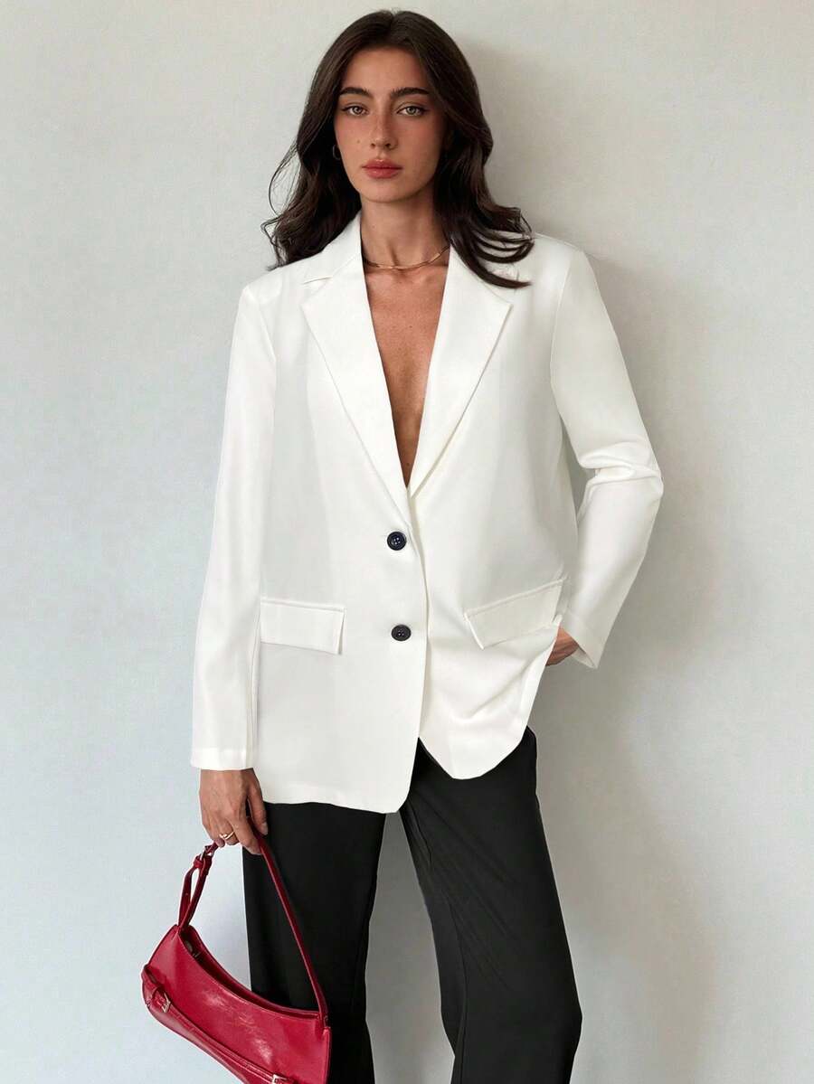 Aloruh Áo khoác Blazer nữ dáng rộng tay dài, họa tiết xám tối giản, thoải mái khi đi làm vào mùa thu/đông - trắng - Xem 1