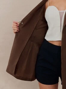 Modelyn Women's Solid Color Lapel NeckLong Sleeve Metal Decor Casual Office Blazer Jacket, Autumn - Brown - View 8