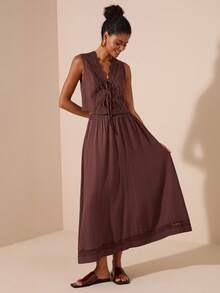 Travachic 2 件套女士纯色梭织无袖背心和宽松腰裙，度假装 - 棕色 - 查看 5