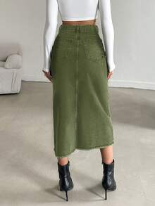 EURMUSE Women's Casual Washed Denim Slit Skirt - Army Green - View 2