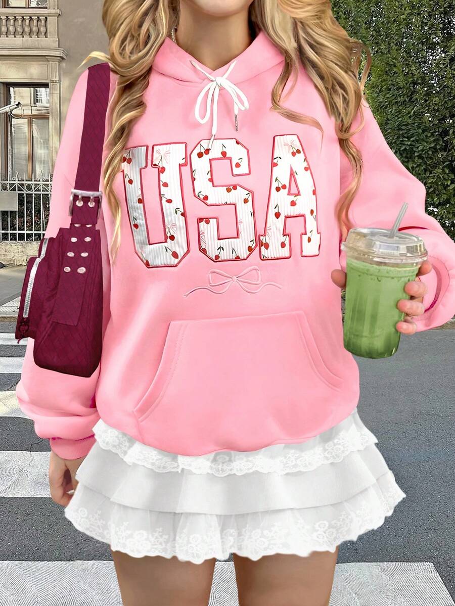 Jouncy 2 件 Y2K 风格甜樱桃和蝴蝶结印花刺绣休闲家居服套装，适合女士，适合返校/校园 - 粉色 - 查看 1