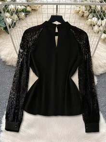 SHEIN Clasi 对比色蕾丝锁眼领口插肩袖衬衫，长袖上衣