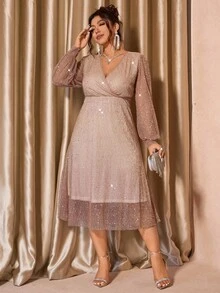 Cravure Plus Size Women Luxury Party Ruffle Collar Glitter Fabric Long Sleeve Dress - Champagne - View 5