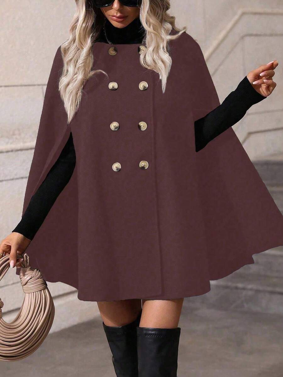 EMERY ROSE 优雅纯色双排扣斗篷大衣，秋冬 - 紫色 - 查看 1