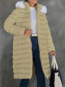 EURMUSE Petite Fuzzy Trim Hooded Slant Pocket Fleece Lined Padded Coat - Beige - View 3