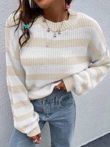 EMERY ROSE 休闲撞色条纹落肩宽松针织毛衣，秋季条纹毛衣女女士条纹套头衫条纹套头衫女士灯笼袖毛衣米色和白色条纹毛衣 - 彩色 - 查看 4