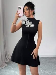 Elenzga 女士优雅 3D 花卉装饰无袖迷你连衣裙 - 黑色 - 查看 6