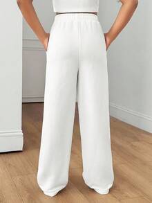 Tween Girl 纯色浅灰色休闲运动针织宽松直筒运动裤，适合日常休闲穿着白色运动裤宽松运动裤女童阔腿运动裤女童运动裤宽松运动裤 - 白色 - 查看 2