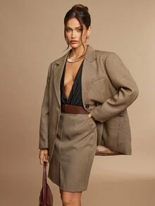 Silquee 女士时尚格子通勤西装外套 - 卡其色 - 查看 9