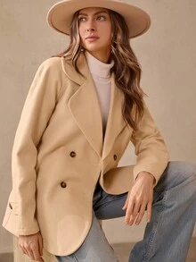 Wildy 休闲美式乡村风格简约杏色双排扣羊毛西装外套女秋冬装