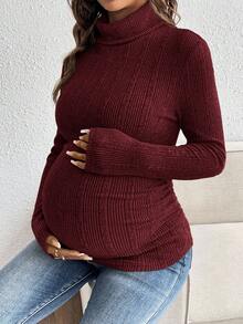 SHEIN Áo thun ôm dáng tay dài màu trơn đơn giản dành cho bà bầu - Màu Đỏ Sâu - Xem 7
