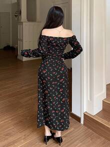 DAZY Váy midi hở vai họa tiết hoa xinh xắn dành cho nữ nhân ngày lễ tình nhân và trở lại trường - màu đen - Xem 4