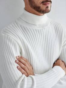Manfinity CityGents European & American Blogger Style 3D Ribbed Solid Color Casual Slim Fit Sweater, White Turtle Neck Sweater, Fall Winter - White - View 6