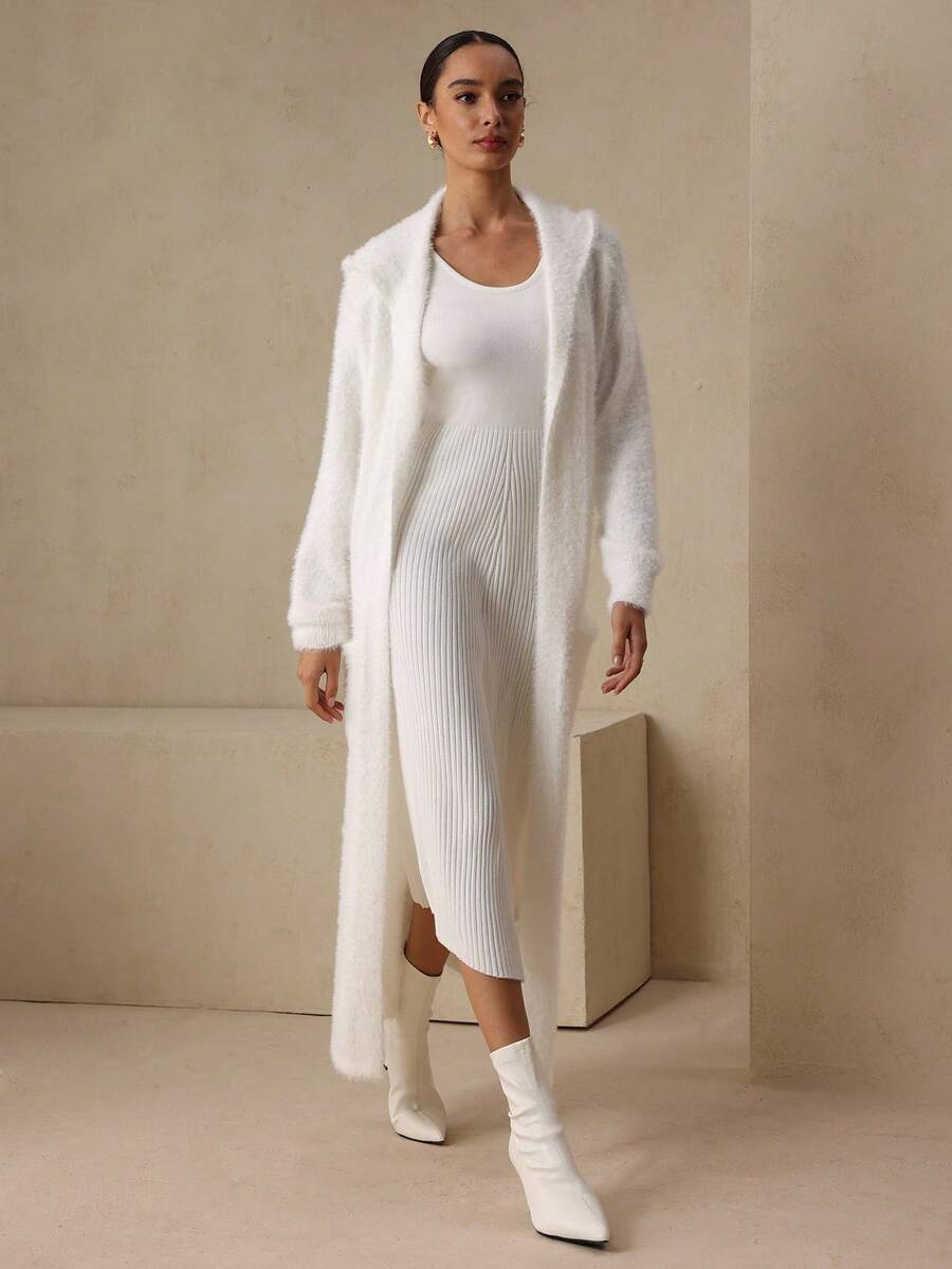 Graceveil Bộ 2 áo khoác cardigan dài họa tiết lông thú mùa đông cho nữ - trắng - Xem 1