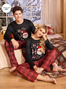 CoupledUp 情侣款圣诞老人格子撞色长袖上衣和裤子男士睡衣套装 情侣睡衣套装 圣诞主题睡衣套装 节日睡衣套装 情侣圣诞睡衣 圣诞睡衣套装 情侣睡衣套装 圣诞老人睡衣睡衣套装 格子睡裤，秋冬服装 - 彩色 - 查看 1