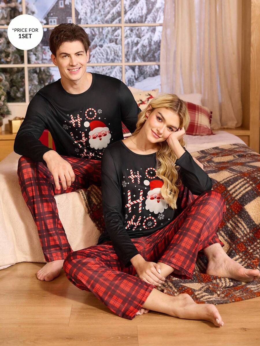 CoupledUp 情侣款圣诞老人格子撞色长袖上衣和裤子男士睡衣套装 情侣睡衣套装 圣诞主题睡衣套装 节日睡衣套装 情侣圣诞睡衣 圣诞睡衣套装 情侣睡衣套装 圣诞老人睡衣睡衣套装 格子睡裤，秋冬服装 - 彩色 - 查看 1