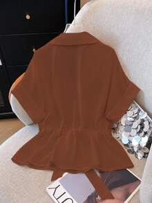 SHEIN LUNE 女式简约纯色前拉链抽绳系带短袖衬衫 - 棕色 - 查看 2