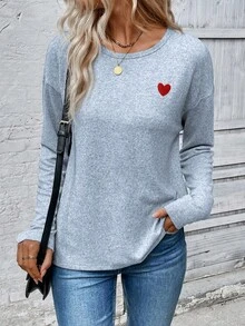 EMERY ROSE New Fashion Women Cherish Print Round Neck Long Sleeve T-Shirt - Blue - View 3