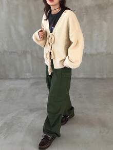 FRIFUL 女士纯色杏色系带宽松休闲开衫，适合秋季穿着 - 米色 - 查看 6