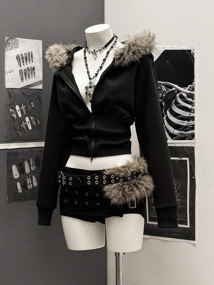 StreetHx Women Streetwear Hooded Fur Collar Fitted Long Sleeve Jacket, Autumn - Black - View 3