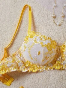 SHEIN 5件套女士刺绣性感舒适内衣套装 - 黃色 - 查看 4